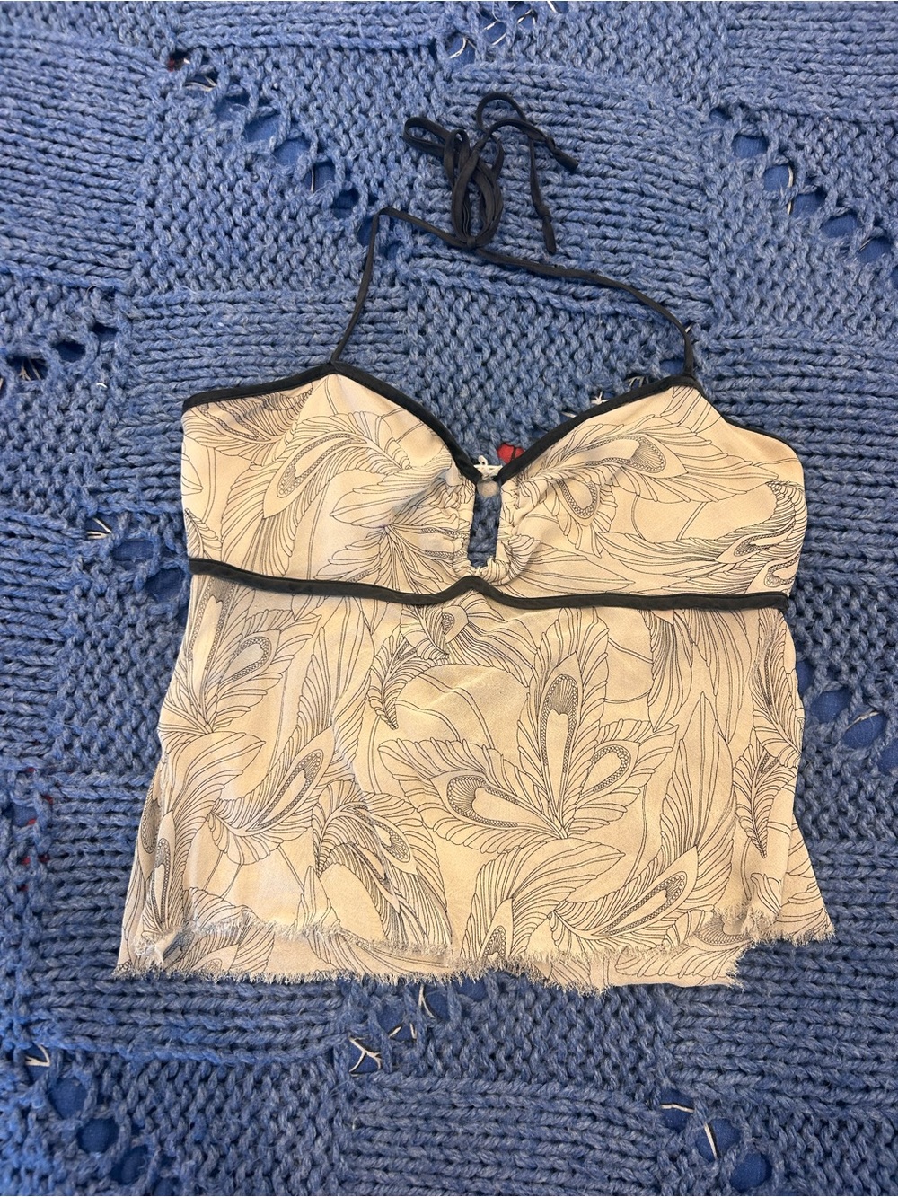 bebe Cream Floral Halter Cami with Black Trim
